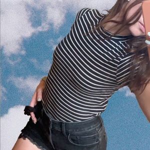 Black and White Striped Turtle Neck Tee